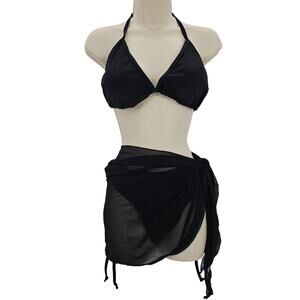 Zando Womans size XXL String Bikini Halter 3 Piece Swimsuit Sarong Black NWOT
